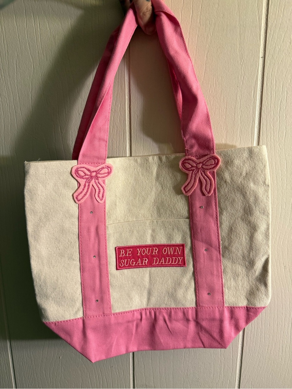 Pink & Cream Canvas Tote Bag with 'Be Your Own Sugar Daddy' Patch
